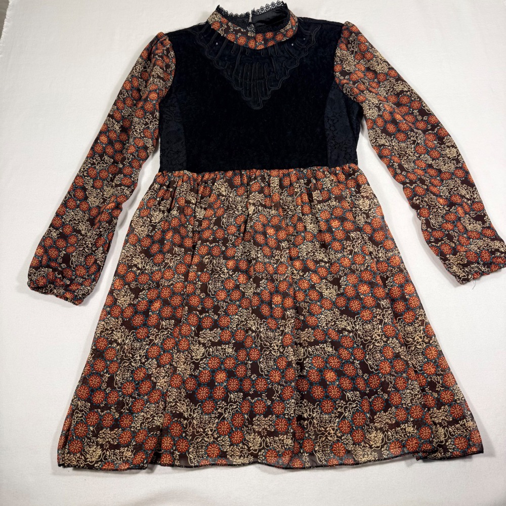 Unbranded Floral Boho Goth Mini Dress Small Black Orange Lace Soutache Mock Neck